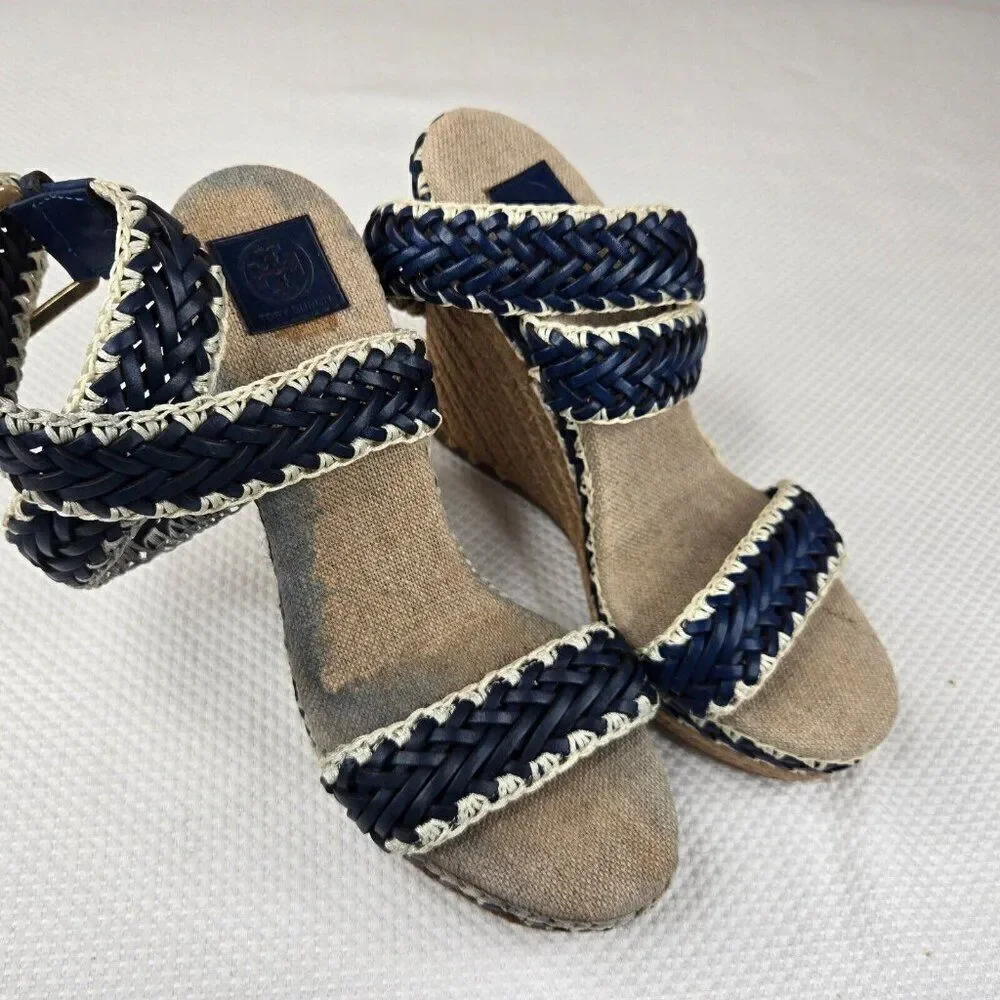 Tory Burch Lilah Wedge Espadrille Sandals Size 37.5 Us 7 Blue White